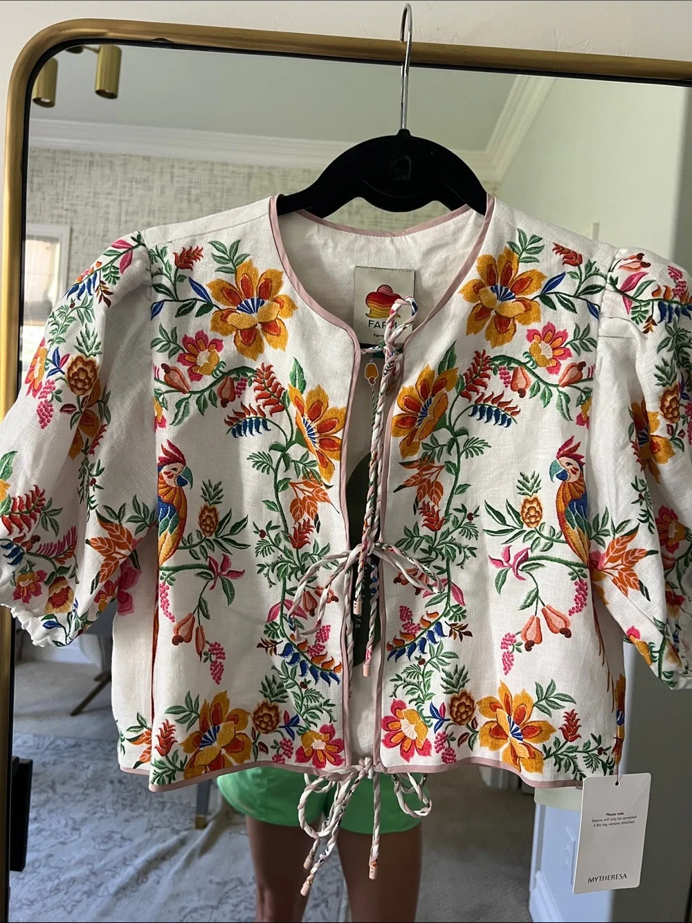 FARM Rio White Floral Embroidered Puff-Sleeve Crop Blouse